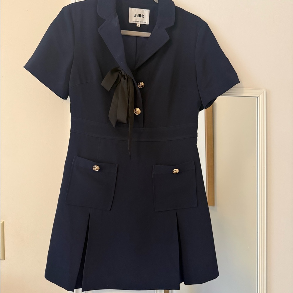 J.ING Navy Dress with Bow and Button Details